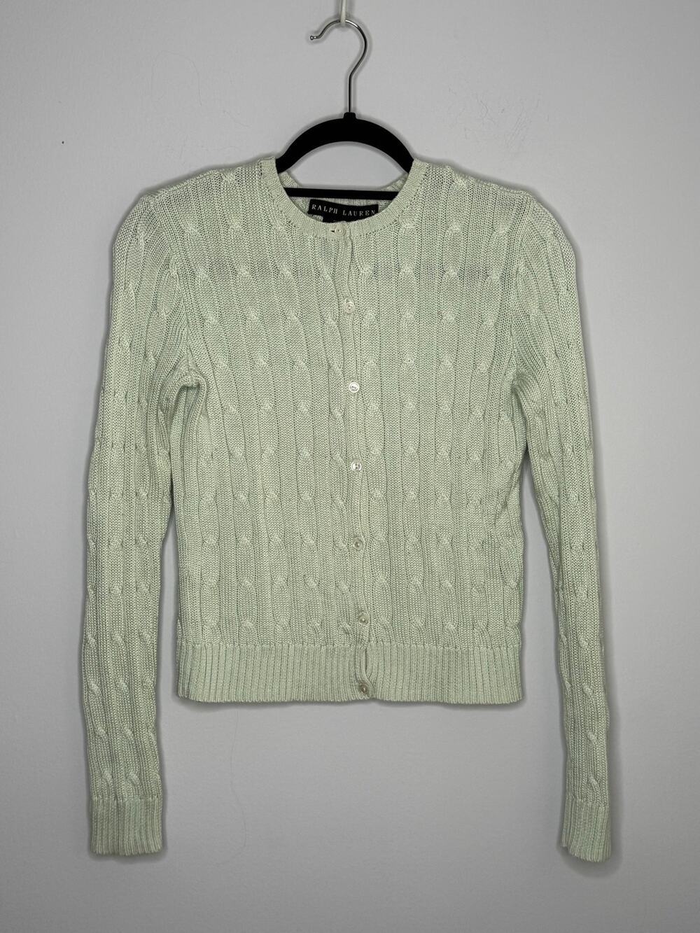 Ralph Lauren Black Label Light Green Cable-knit Slim Fit Cotton Cardigan Size M